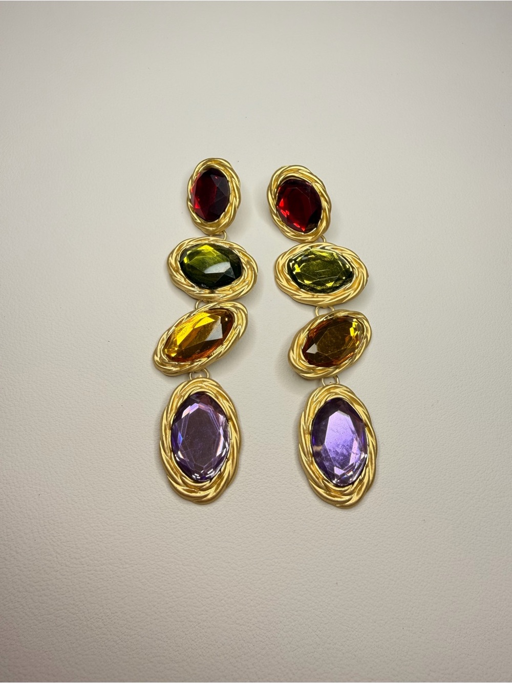 Goldtone Drop Earrings with Red, Yellow, Orange & Purple Stones - Picture 7 of 9